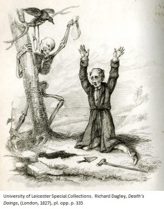 Dagley’s Miser scrabbles to dig up the treasure he has hidden beneath a tree – but Death has already claimed the bag of gold, which he holds up triumphantly. Richard Dagley, 'Death’s Doings', (London, 1827), pl. opp. p. 335