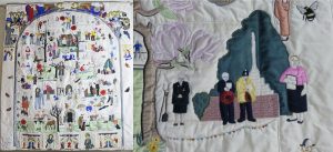 Photograph of a section of a village quilt by local expert artist Linda Straw, hanging in Lubenham Church, Leicestershire.